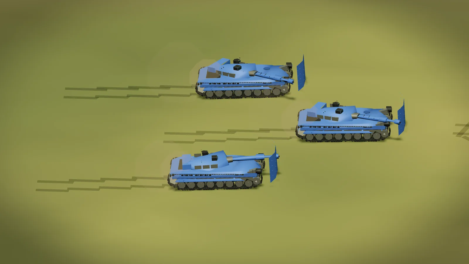 A blue three-tank platoon advances in a staggered line across open grass.