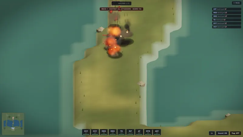 A mortar barrage lands on an enemy wave crossing a causeway.